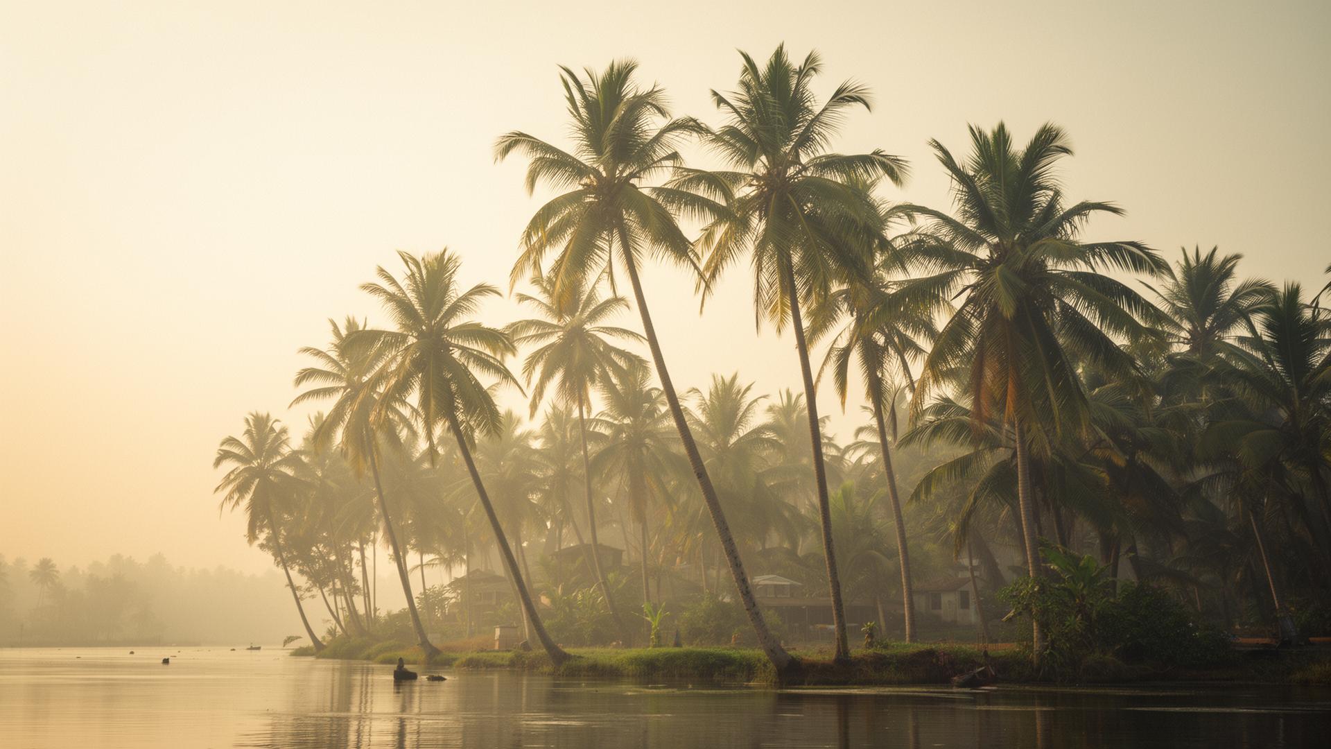 Coconut palms in Kerala at golden hour